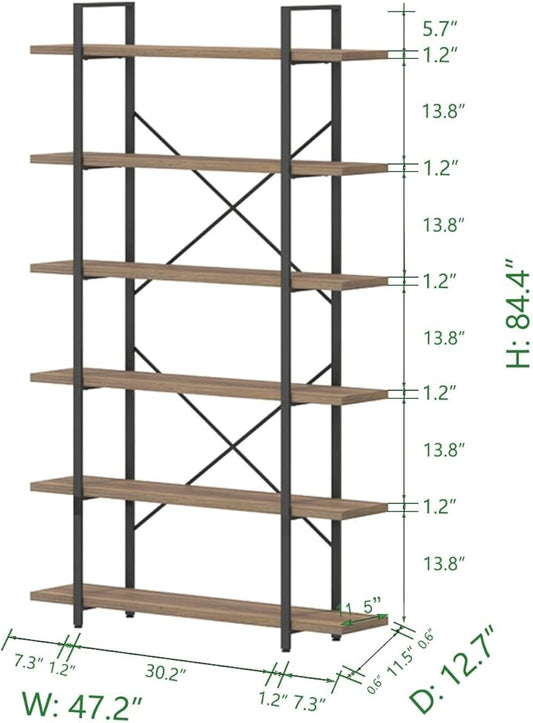 HSH Tall Bookcases and Book Shelves 6 Shelf, Metal Wooden Book Shelf and Storage Rack, Modern Etagere 6 Tier Bookshelf, Farmhouse Large Display Bookshelves for Bedroom Living Room Office, Rustic Oak
