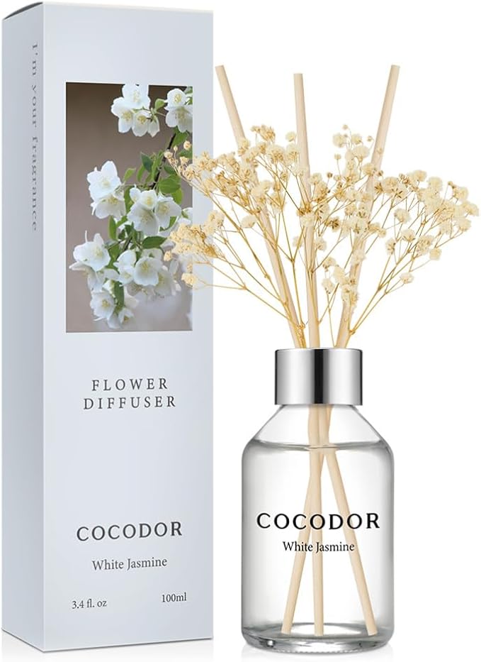 COCODOR Flower Reed Diffuser Set / 3.4oz / White Jasmine/Scent Diffuser with Sticks Home Fragrance Reed Diffuser for Bathroom Shelf Decor