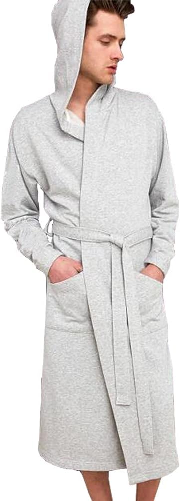 HOLOVE Men's Pure Cotton Bathrobe Lightweight Kimono and Hooded Spa Robes Soft Sleepwear