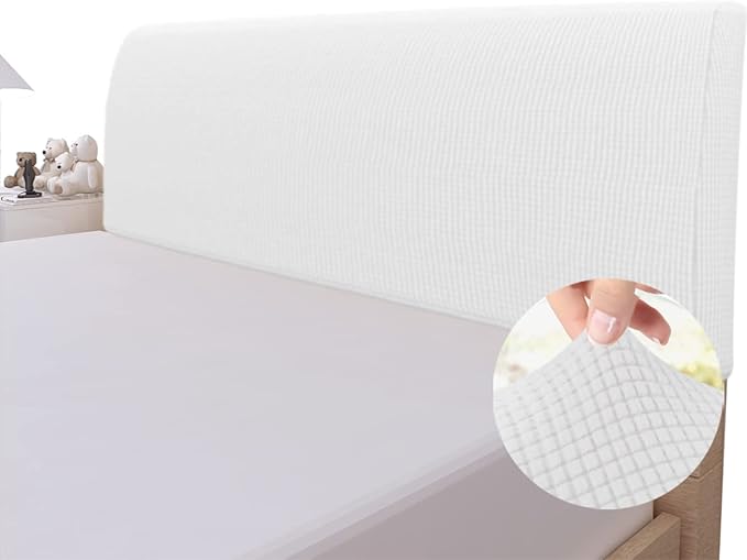 Easy-Going Stretch Bed Headboard Slipcover, Small Square Jacquard Furniture Cover, Dustproof Protector Cover for Bedroom Decor (Twin,White)
