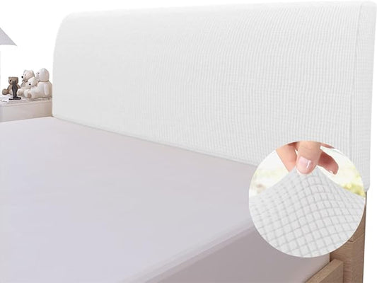 Easy-Going Stretch Bed Headboard Slipcover, Small Square Jacquard Furniture Cover, Dustproof Protector Cover for Bedroom Decor (Full,White)