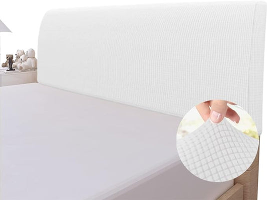 Easy-Going Stretch Bed Headboard Slipcover, Small Square Jacquard Furniture Cover, Dustproof Protector Cover for Bedroom Decor (Queen,White)