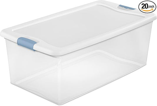 Sterilite 20-Pack Latching Box, Under Bed Storage Bins with Lids, Clear Plastic, 106 Quart - Heavy-Duty Organizing Containers for Closet, Bathroom, and Office