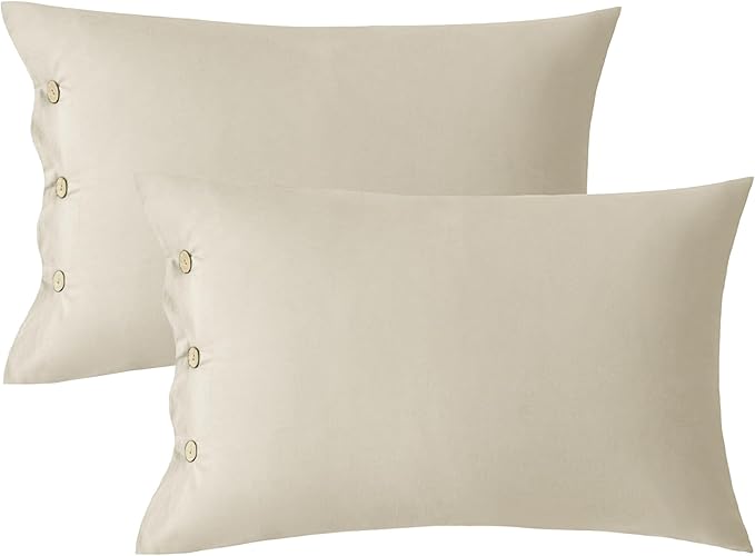 JELLYMONI Pillowcases Standard Set of 2 Cotton Button Pillow Covers 20×26in Light Khaki Bed Pillow Cases 100% Washed Cotton Soft Breathable (Pillows are not Included)