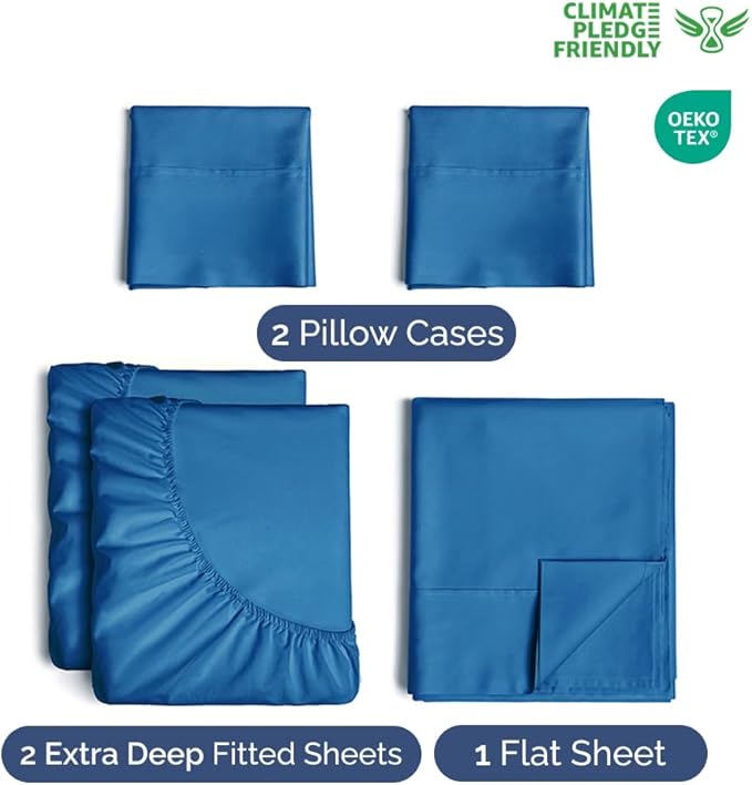 Extra Deep Pocket Split King Sheets - 5 Piece Breathable & Cooling Bed Sheets - Hotel Luxury Bed Sheet Set - Soft, Wrinkle Free & Comfy - Easily Fits Extra Deep Mattresses - Royal Blue Sheets Set