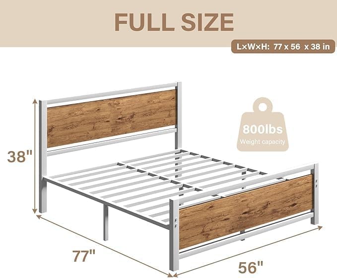 Full Size Bed Frame, Full Bed Frame with Headboard, Industrial Style Bed Frame Full Size with Wooden Footboard, No Box Spring Needed, Noise-Free, Easy Assembly, White Brown