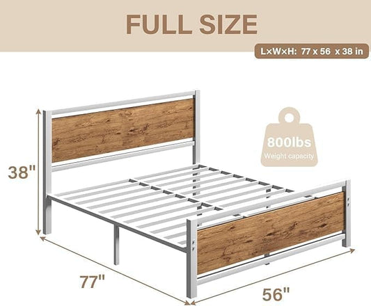 Full Size Bed Frame, Full Bed Frame with Headboard, Industrial Style Bed Frame Full Size with Wooden Footboard, No Box Spring Needed, Noise-Free, Easy Assembly, White Brown