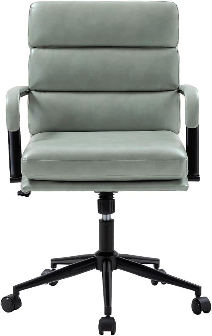 HULALA HOME Modern Faux Leather Home Office Chair with Tilt Lock & Metal Base, Desk Chair with Wheels & Padded Cushion, 360° Swivel Wide Seat Computer Task Chair, Sage