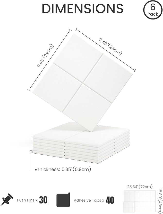 Felt Bulletin Board Tiles -28"x18" Cork Board Alternative for Office Decor, Push Pin Board Wall Organizer 6-Pack-Milky White