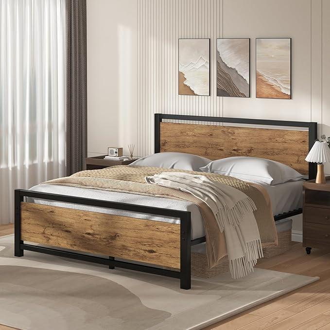 Full Size Bed Frames with Headboard, Industrial Style Full Bed Frame, Bed Frame Full Size with Wooden Footboard, No Box Spring Needed, Noise-Free, Easy Assembly, Black Brown