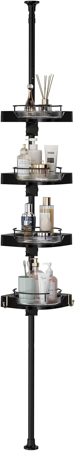 Corner Shower Caddy Tension Pole, 4 Tiers Rotating Shower Organizer for Bathroom Shelf Bathtub, Adjustable Standing Shower Rack Bathroom Accessories, Easily Assemble, 34-124 Inch Height,Black