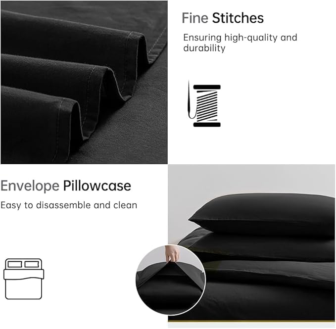 JELLYMONI Cotton Duvet Cover Twin Size - 100% Washed Cotton Linen Feel Textured Comforter Cover, 2 Pieces Breathable Soft Bedding Set with Zipper Closure(Black,Twin 68"×90")