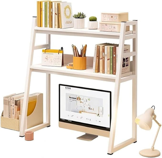 2-Tier Desktop Bookshelf, Wood Hutch Shelf Organizer, 29.9 x 12.6 x 35.4 inches, Study Room Storage Rack (White, 22 * 12 * 35in)