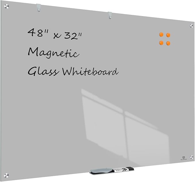 TSJ OFFICE Glass Dry-Erase Board - 48 x 32 Inches Wall Mounted Glass Whiteboard, Large Frameless Magnetic White Board for Office, Home & School, Gray