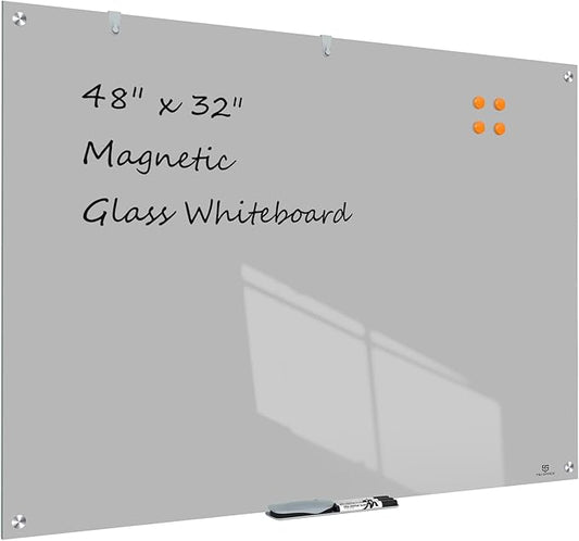 TSJ OFFICE Glass Dry-Erase Board - 48 x 32 Inches Wall Mounted Glass Whiteboard, Large Frameless Magnetic White Board for Office, Home & School, Gray