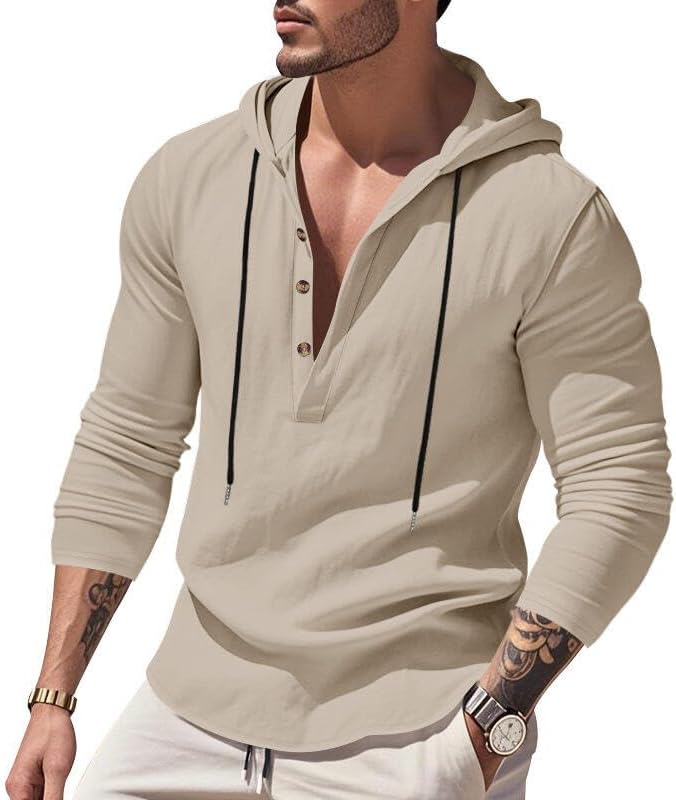 Men's Linen Blend Hoodie Long Sleeve Henley Pullover Sweatshirt Casual Loose Fit Top for Workout Beach Wear