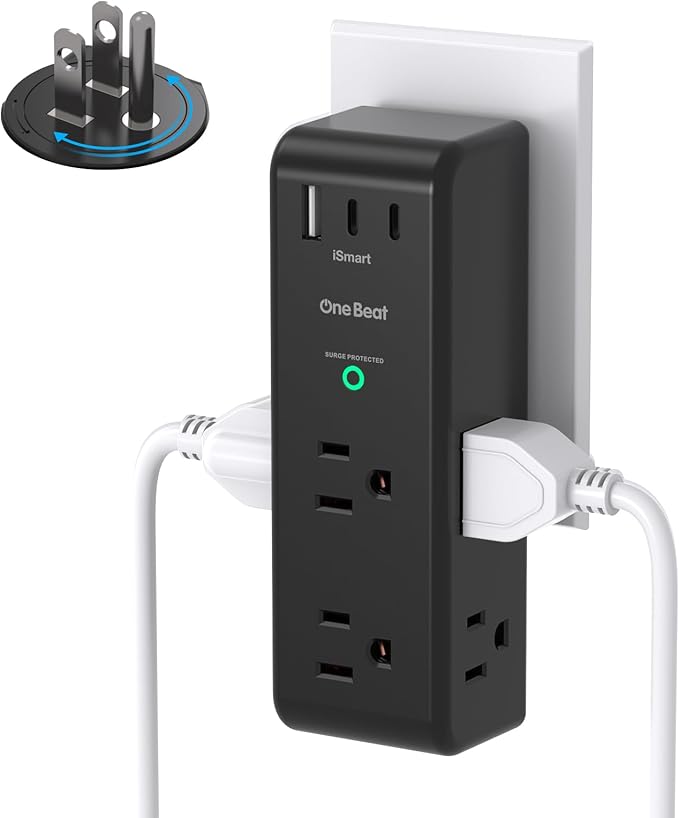 Surge Protector Outlet Extender with Rotating Plug, 6 AC Multi Plug Outlet with 3 USB Ports (2 USB C), 1800 Joules, 3-Sided Swivel Power Strip with Spaced Outlet Splitter for Home, Office, Dorm, Black