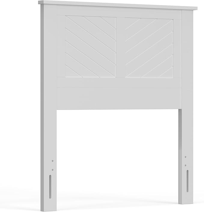 Serene Poplar Wood Twin Size Headboard in White, Modern Farmhouse Panel with Chevron Scoring, Casual Coastal Style, Easy Assembly, Quality Materials