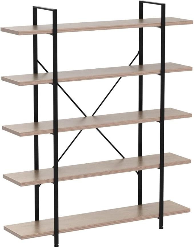 HSH Industrial Wood and Metal 5 Tier Bookshelf, Large Tall Open Rustic Wide Etagere Bookcase, Vintage Farmhouse Modern Wooden Big Book Shelf for Home Living Room Bedroom Office Storage, Rustic Oak
