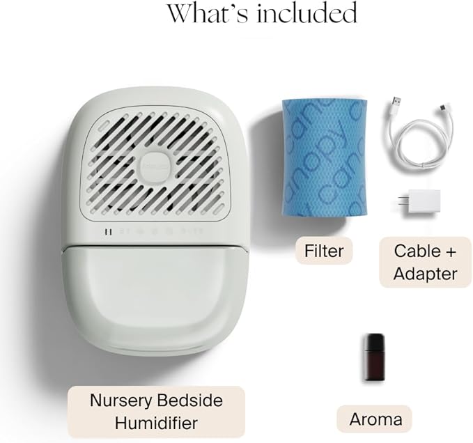 Canopy Nursery Humidifier 2.0, White, 36 HR Run Time, 2.5L Capacity Tank - Sleep Lights, White Noise, Clean Aroma Diffusion - Promote Deep Sleep & Happy Skin - Humidifier, Filter & Aroma Kit