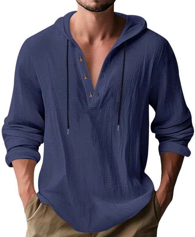 Men's Linen Blend Hoodie Long Sleeve Henley Pullover Sweatshirt Casual Loose Fit Top for Workout Beach Wear