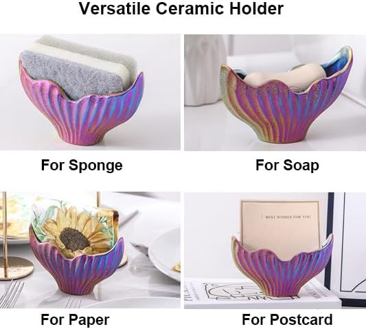 Sponge Holder for Kitchen Sink, Ceramic Dish Sponge Holder with Fishtail Design, Sink Caddy Organizer for Countertop, Farmhouse Kitchen Decor, Compact Counter Dish Caddy (Rainbow)