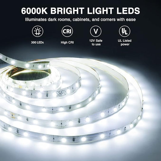 Onforu LED Light Strip,16.4ft Dimmable LED Tape Light, 6000K Daylight White Strip Lighting, 300 LEDs Flexible Vanity Mirror Light, 5M 12V Ribbon Rope Light for Bedroom, Under Cabinet,Kitchen,Christams