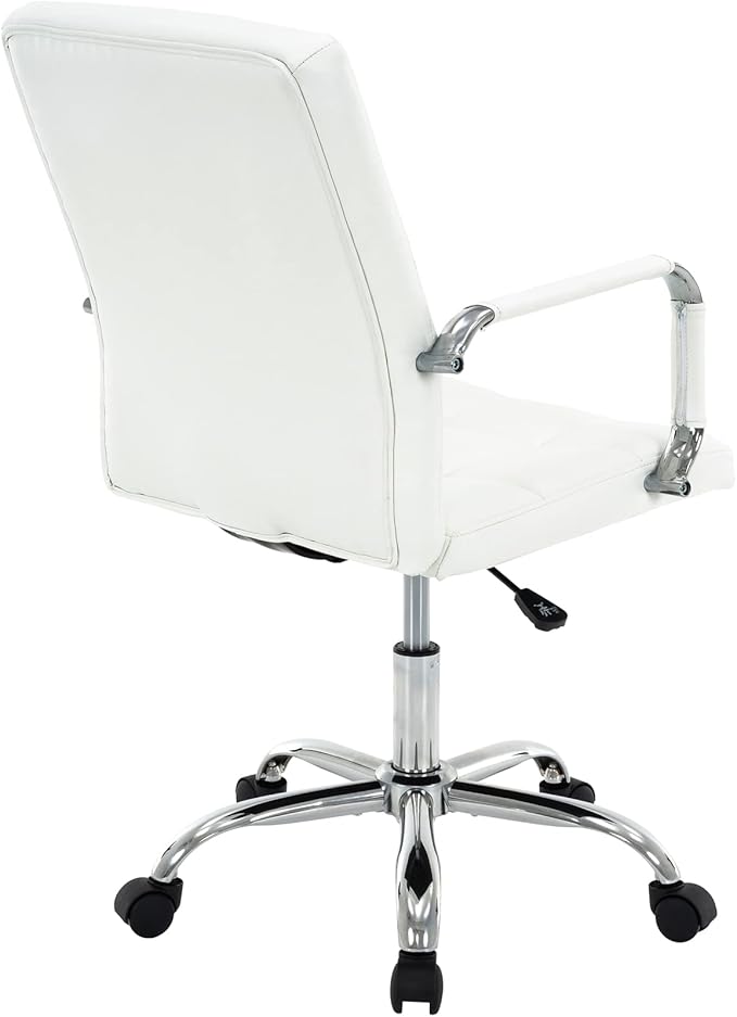 High Back Desk Chair, Modern PU Leather Home Office Task Chair with Arms, Adjustable Swivel Computer Executive Chair with Wheels (Pearl White)