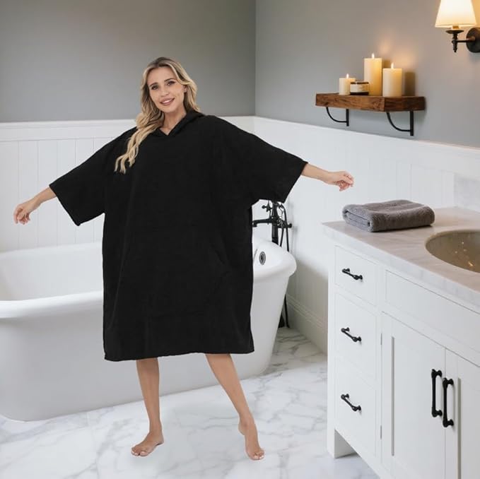Surf Poncho Hooded Beach Towel, Quick Dry Terry Cloth, Extra Large Changing Robe with Pockets for Adults, Unisex Black Cover-Up for Swim, Bath, Beach, Gift for Swimmer Lovers