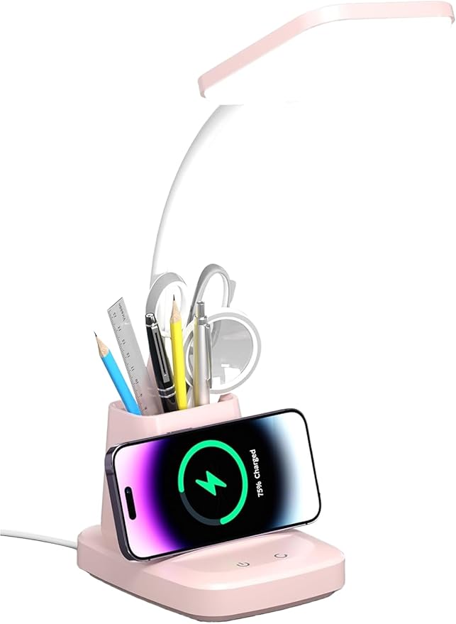 Desk Lamps for Home Office, LED Desk Lamp with Wireless Charger Pencil Holder, 3 Color Modes Dimming Desk Light for College Dorm Room, Girls Study Lamp with CRI 90+ 800 Lumen - Pink