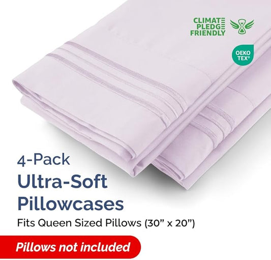 Queen Pillow Cases Set of 4 - Ultra Soft Hotel Quality Pillowcase Covers - Comfy, Cozy & Wrinkle Free - Shrinkage and Fade Resistant - Machine Washable Pillow Protectors - 4 Piece Set - Light Lavender