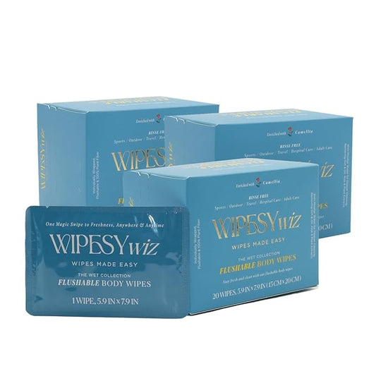 60 Count Individually Wrapped Flushable Wipes for Body, Lightly Scented with Camellia and Coconut Oil & Aloe for a Gentle Clean, Wet Wipes for Adults, Travel Sized & Disposable (Pack of 3)