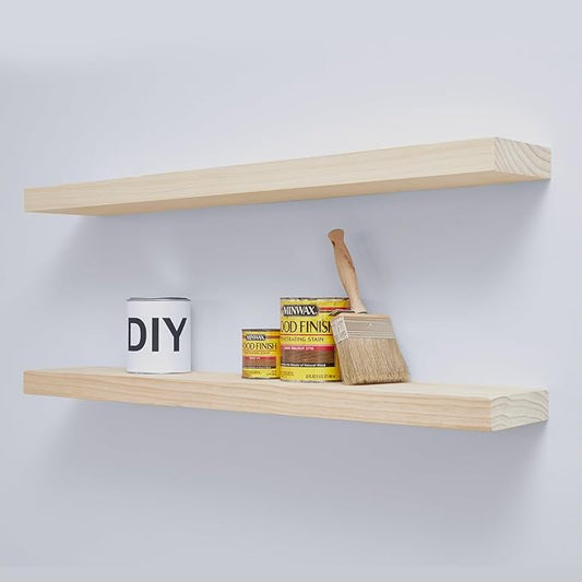 Homeforia 36 inch Wood Floating Shelves, High End Solid Natural Wood 36inch Large Floating Shelf Bathroom, Unfinished Wooden Floating Shelves for Wall, Heavy Duty Bracket, 36 X 6.5 X 1.75 in, Set of 2