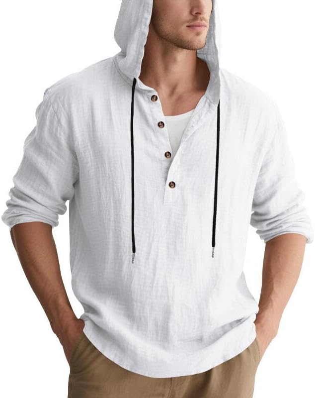 Men's Linen Blend Hoodie Long Sleeve Henley Pullover Sweatshirt Casual Loose Fit Top for Workout Beach Wear