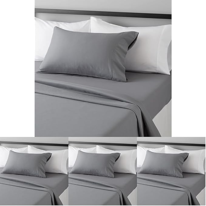 Amazon Basics Lightweight Super Soft Easy Care Comfortable Microfiber 3 Piece Bed Sheet Set with 14-inch Deep Pockets, Twin XL, Dark Gray, Solid (Pack of 4) AmazonBasics