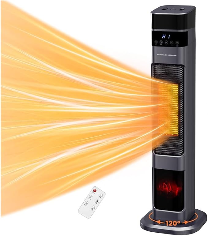 VCJ 31" Space Heaters with Humidifier, 12H Timer Electric Heater for Indoor Use, Remote, 120° Oscillation, Overheat & Tip-Over Protection, Quiet Portable Tower Heater for Bedroom Living Room Garage