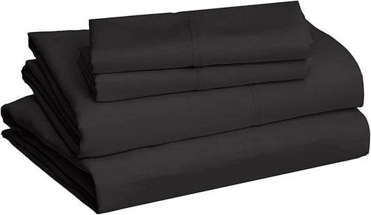 Amazon Basics Lightweight Super Soft Easy Care Microfiber 4 Piece Cozy Comfortable Bed Sheet Set with 14-Inch Deep Pockets, Queen, Black, Solid AmazonBasics