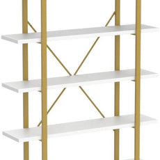 HSH 5 Tier White and Gold Bookshelf, Tall Storage Bookshelves for Bedroom Living Room Office, Metal and Wood Large Book Shelves, Modern Vertical 5 Shelf Bookcase, Farmhouse Big Open Display Book Shelf