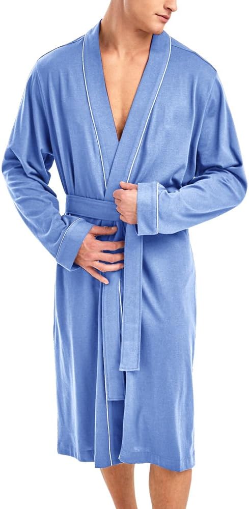 HOLOVE Men's Pure Cotton Bathrobe Lightweight Kimono and Hooded Spa Robes Soft Sleepwear