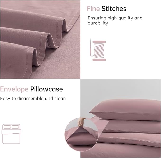 JELLYMONI Pink Duvet Cover Full Size - 100% Washed Cotton Linen Like Textured Comforter Cover, 3 Pieces Breathable Soft Bedding Set with Zipper Closure (Dusty Pink, Full 80"x90")