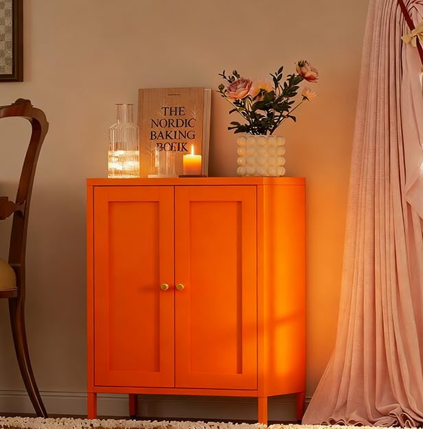 Orange Metal Sideboard Cabinet, Small Bathroom Storage Cabinets, Metal Storage Cabinet with 2 Doors and Adjustable Shelves for Kitchen Dining Room Living Room, Entryway,Office