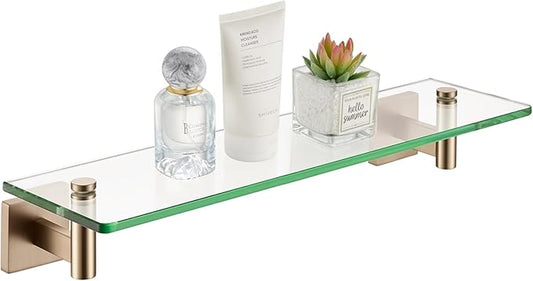 KOKOSIRI Wall Shelves Bathroom Hardware Glass Floating Shelf 20-Inch for Bedroom, Living Room, Kitchen, Hanging Rack Champagne Bronze B1105CPG-L20