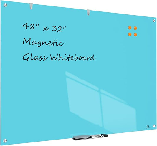 TSJ OFFICE Glass Dry-Erase Board - 48 x 32 Inches Wall Mounted Glass Whiteboard, Large Frameless Magnetic White Board for Office, Home & School, Blue