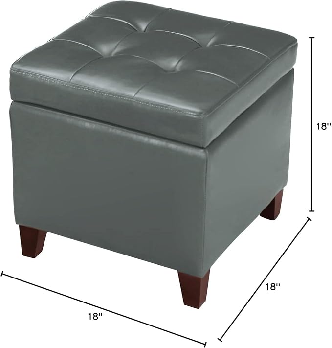 18x18 Faux-Leather Square Storage Ottoman with Hinged Lid Padded Lift Top Footstool, Grey Cement