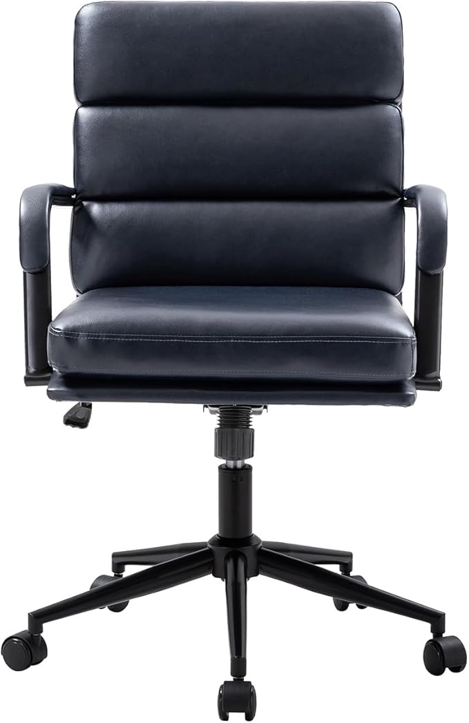 HULALA HOME Modern Faux Leather Home Office Chair with Tilt Lock & Metal Base, Desk Chair with Wheels & Padded Cushion, 360° Swivel Wide Seat Computer Task Chair, Navy