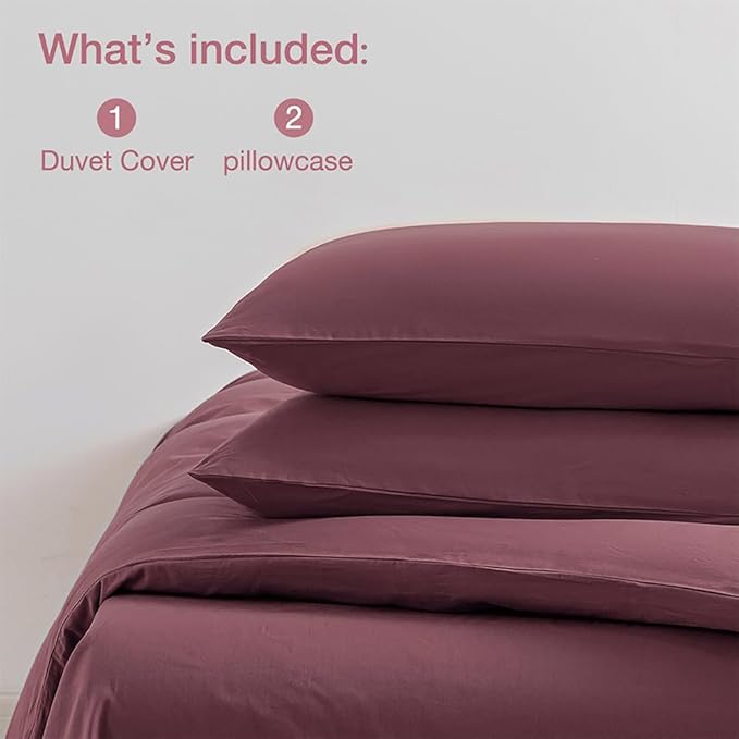 JELLYMONI Plum Duvet Cover Full Size - 100% Washed Cotton Linen Like Textured Comforter Cover, 3 Pieces Breathable Soft Bedding Set with Zipper Closure (Plum, 80"x90")