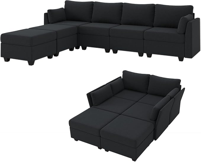 114.17" Modular Sectional Sofa, 6 Seat Sectional Couches with Storage, Memory Foam, Convertible Modular Couch for Living Room, U Shaped Comfy Modular Sofa with Chaise, Black