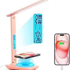 Multifunctional LED Desk Lamp with Wireless Charger,USB Charging Port,Clock,Phone Holder,Desk Lamps for Home Office,Eye-Caring Reading Lamp,Study Lamp for Boys,Girls,Teens,Pink