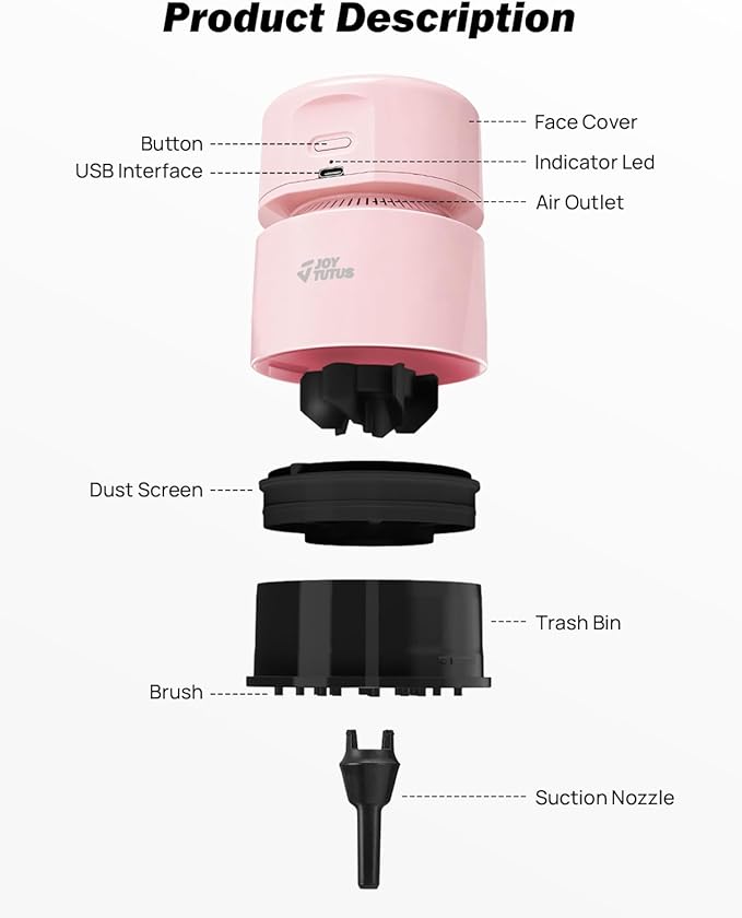 JOYTUTUS Mini Vacuum Cleaner Car Vacuum Portable Cordless 360º Rotatable Handheld Vacuum 2 Suction Modes USB for Car/Home/Pet Hair/Office/Desk/Keyboards Pink