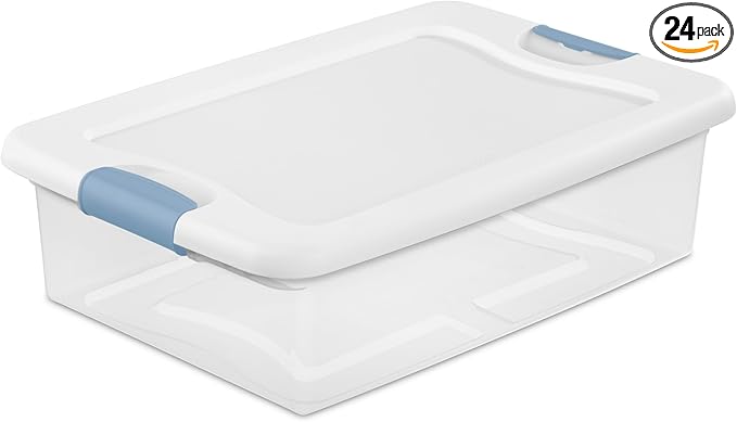 Sterilite 24-Pack Latching Box, Under Bed Storage Bins with Lids, Clear Plastic, 32 Quart - Heavy-Duty Organizing Containers for Closet, Bathroom, and Office